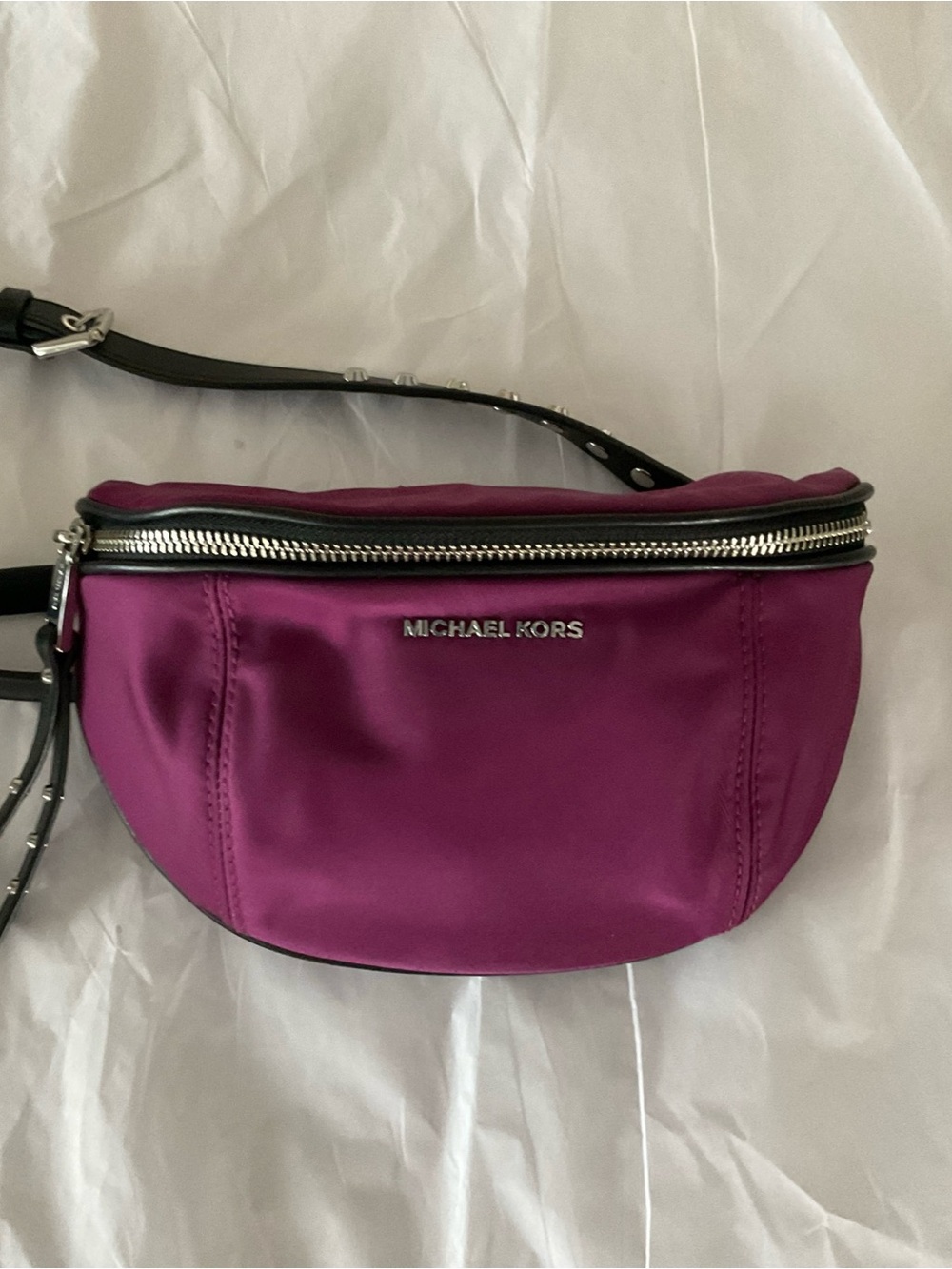 Michael Kors Fanny Bag Purple Waist Pack Nylon Black Leather Belt Grommets Purse